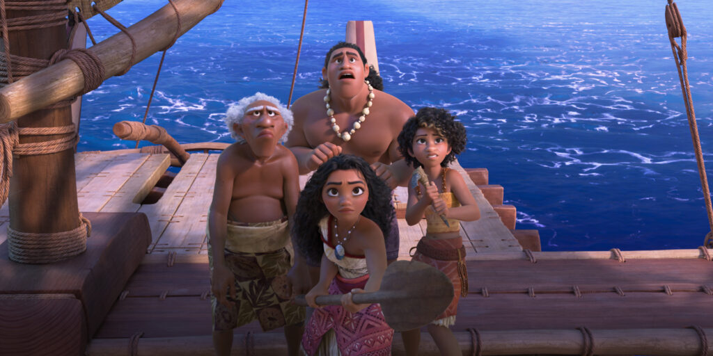 Moana and her crew on the ocean